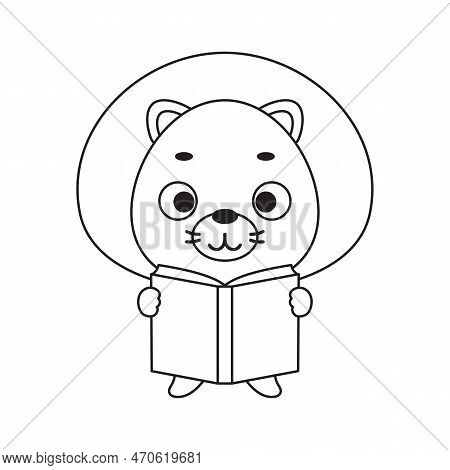 Coloring Page Cute Little Lion Reads Book. Coloring Book For Kids. Edulionional Activity For Prescho