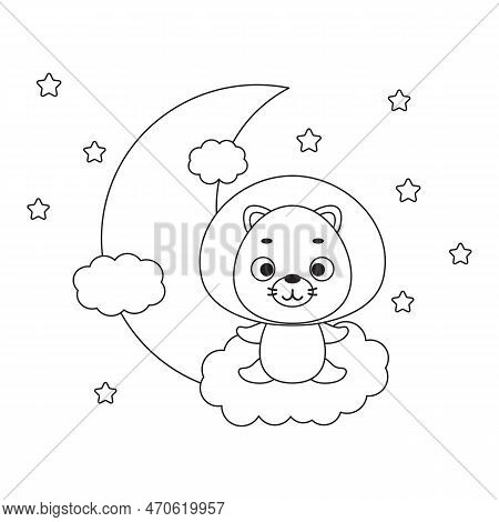 Coloring Page Cute Little Lion Sitting On Cloud. Coloring Book For Kids. Edulionional Activity For P