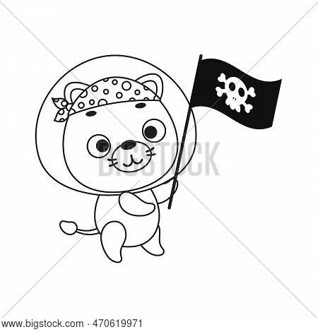 Coloring Page Cute Little Lion With Pirate Flag. Coloring Book For Kids. Edulionional Activity For P