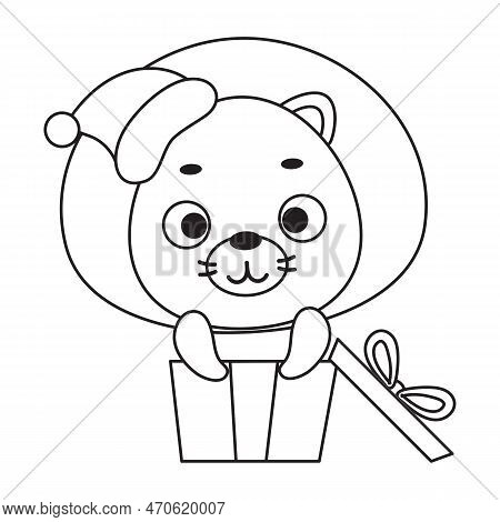 Coloring Page Cute Little Lion Sitting In Gift Box. Coloring Book For Kids. Edulionional Activity Fo