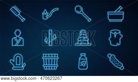 Set Line Washcloth, Wooden Log, Sauna Ladle, Bamboo, Man In The Sauna, Brush, Stack Hot Stones And I