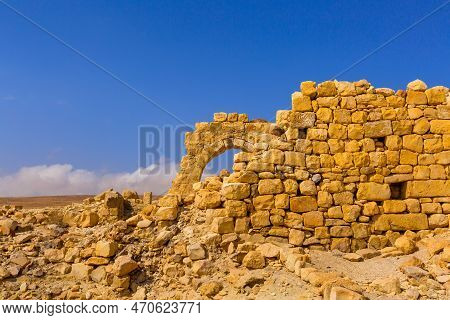 Arch And Ruins Of Crusaders Shobak Castle In Jordan Against Blue Sky