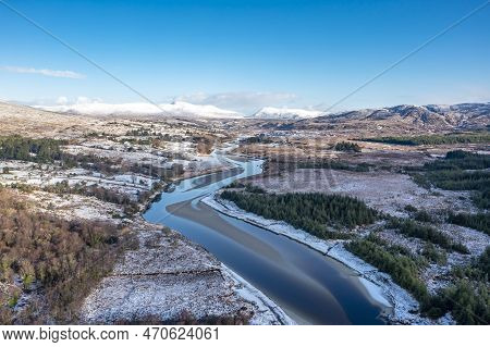 Aerial View Of Snow Covered Gweebarra River Between Doochary And Lettermacaward In Donegal - Ireland