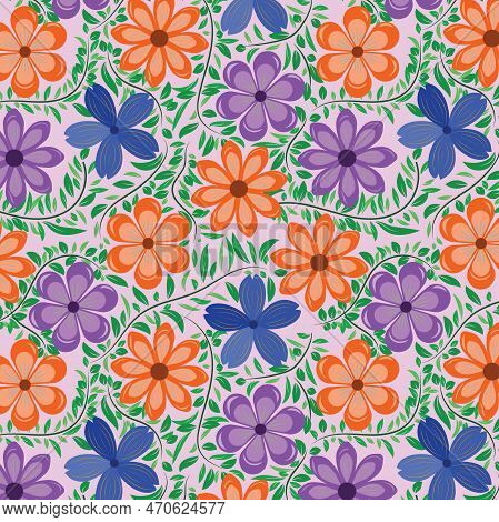 Seamless Pattern Of Beautiful Royal Purple, Sapphire, Giants Orange Color Flowers With Sea Green, Ma