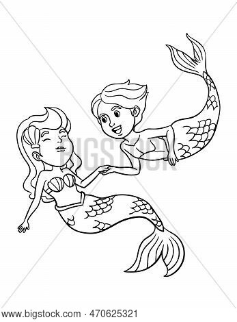 A Cute And Funny Coloring Page Of Mermaid And Young Merman. Provides Hours Of Coloring Fun For Child