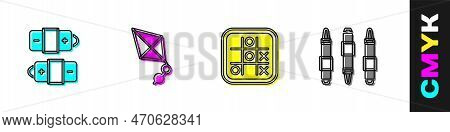 Set Battery, Kite, Tic Tac Toe Game And Marker Pen Icon. Vector