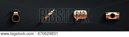 Set Diamond Ring, Marijuana Joint, Spliff, Rap Music And Stacks Paper Money Cash Icon With Long Shad