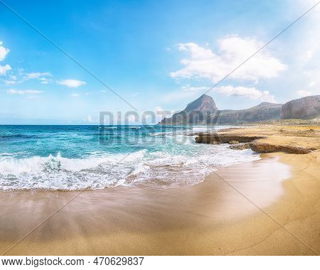 Picturesque Seascape Of Isolidda Beach Near San Vito Cape. Popular Travel Destination Of Monte Cofan