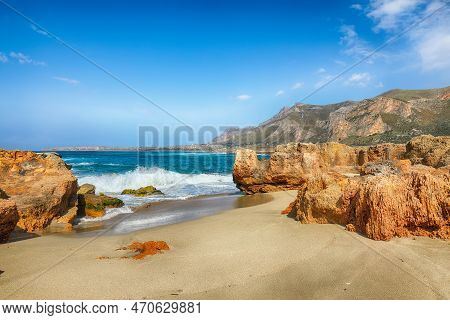 Outstanding Seascape Of Isolidda Beach Near San Vito Cape. Popular Travel Destination Of Monte Cofan