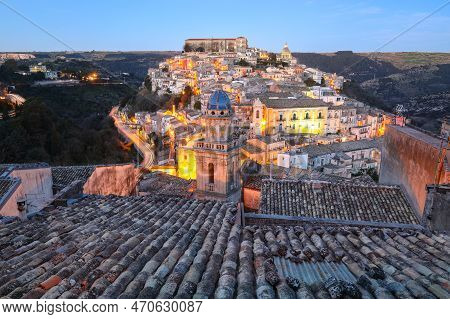 Amazing Sunset At The Old Baroque Town Of Ragusa Ibla In Sicily. Historic Center Called Ibla Builded
