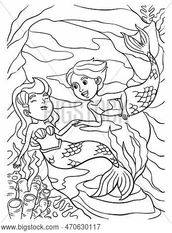 A Cute And Funny Coloring Page Of Mermaid And Young Merman. Provides Hours Of Coloring Fun For Child