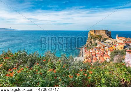 Awesome Seaside And Village Scilla With Old Medieval Castle On Rock Castello Ruffo, Colorful Traditi