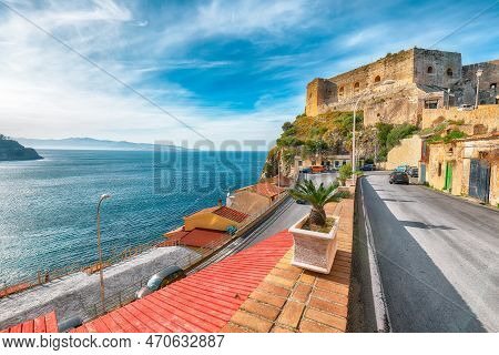 Awesome Seaside And Town Scilla With Old Medieval Castle On Rock Castello Ruffo, Colorful Traditiona