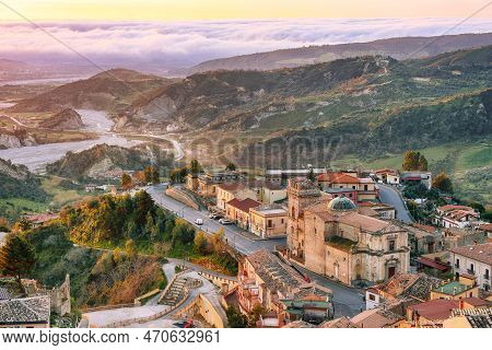 Fantastic Sunrise Over Old Famous Medieval Village Stilo In Calabria. View On City And Valley. Locat