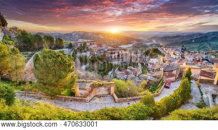 Fantastic Sunrise Over Old Famous Medieval Village Stilo In Calabria. View On City And Valley. Locat