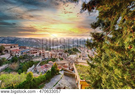Fantastic Sunrise Over Old Famous Medieval Village Stilo In Calabria. View On City And Valley. Locat