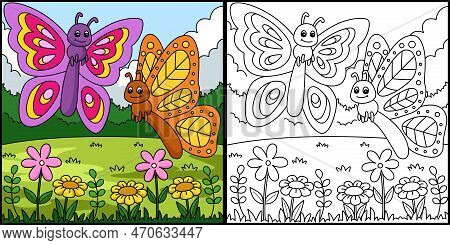 This Coloring Page Shows A Spring Two Butterfly. One Side Of This Illustration Is Colored And Serves