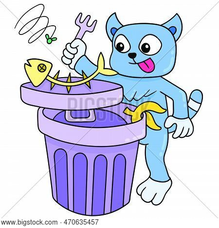 Domestic Cat Enjoying Its Food Fish Waste Sampah, Vector Illustration Art. Doodle Icon Image Kawaii.