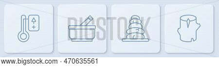 Set Line Sauna Thermometer, Stack Hot Stones, Mortar And Pestle And Wooden Log. White Square Button.