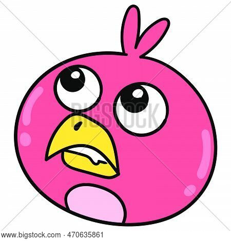 The Head Of A Red Bird With A Gawking Face Is Dreaming, Vector Illustration Carton Emoticon. Doodle 