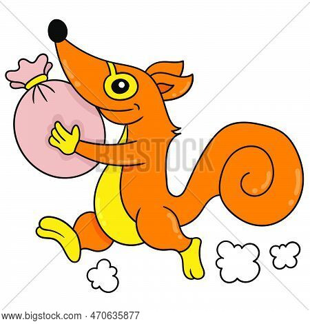 The Thief Weasel Ran With A Sack Full Of Treasure, Vector Illustration Art. Doodle Icon Image Kawaii