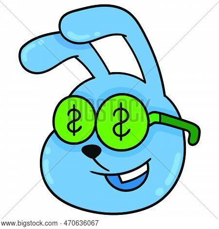 Blue Rabbit Head With Dollar Bill Stingy, Vector Illustration Carton Emoticon. Doodle Icon Drawing