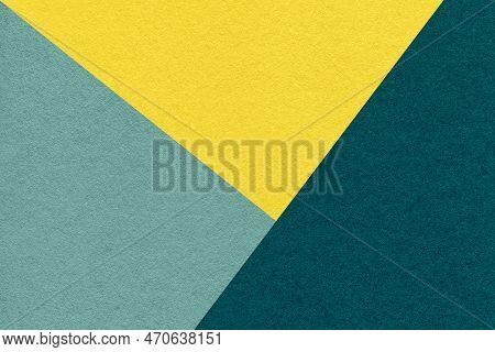 Texture Of Craft Yellow, Cyan And Teal Shade Color Paper Background, Macro. Structure Of Vintage Abs