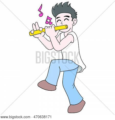 Handsome Musician Man Playing The Flute Entertaining Himself, Vector Illustration Art. Doodle Icon I