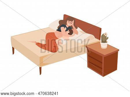 Happy Woman Breastfeeding Baby Lying On Side On The Bed, Flat Vector Illustration Isolated On White 