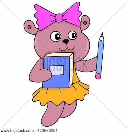 Female Bear Student Brings A Book And Pencil To Take Notes, Vector Illustration Art. Doodle Icon Ima