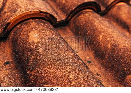Closeup Of Old Rustic Terracotta Roof Tiles Pattern As Background, Architectural Detail From Lovran,