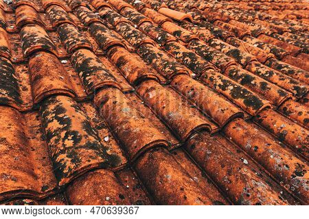 Old Rustic Terracotta Roof Tiles Pattern As Background, Architectural Detail From Lovran, Croatia