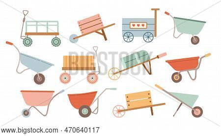 Garden Wagon Cartoon Vector Illustration On White Background. Farm Wheelbarrow Set Icon. Vector Illu
