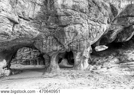Scenery At The Main Stadsaal Cave In The Western Cape Cederberg. Monochrome