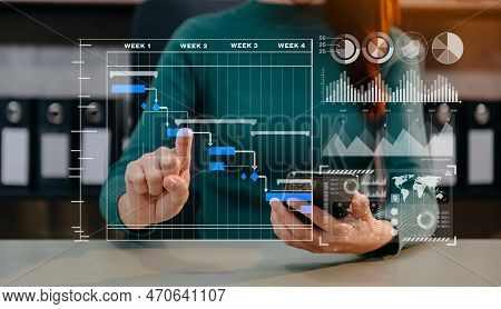 Businessman Hand Project Manager Working And Update Tasks And Gantt Chart Scheduling Virtual Diagram
