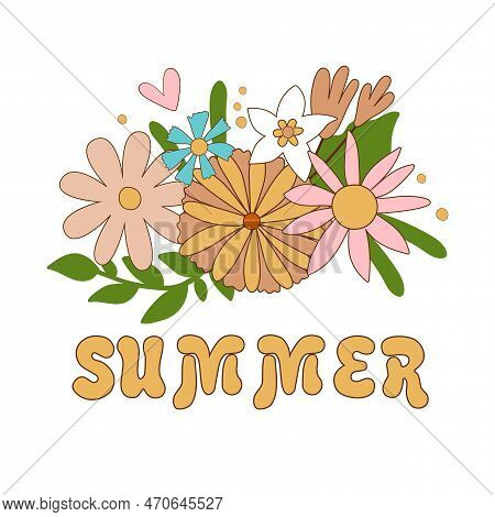 Daisy Flowers Summer Retro 70s Element Isolated On White. Groovy Floral Bouquet, Pastel Wildflowers 