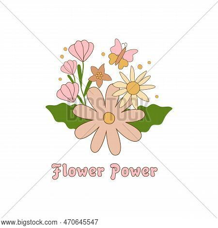 Daisy Flowers Summer Retro 70s Element Isolated On White. Groovy Flower Power Text. Vector Pastel Fl