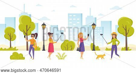 Cute Girls Taking Selfies On Smartphones In Park. Young Women Making Self-portraits Using Mobile Pho