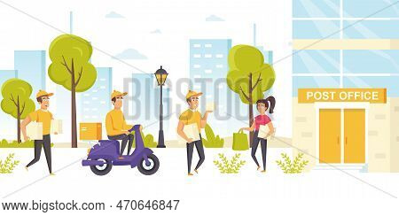 Couriers In Uniform With Packages Walking Or Riding Scooter To Post Office Building. Postmen Or Mail