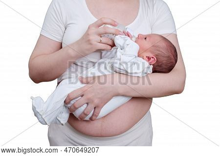 A Mother Woman With A Newly Born Newborn Baby In Her Arms, An Isolated On A White Background. A Chil