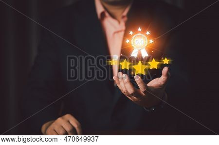 Customer Experience Concept, Best Excellent Services For Satisfaction Present By Opened Hand Of Clie