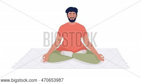 Smiling Bearded Man Meditating On Throw Rug Semi Flat Color Vector Character