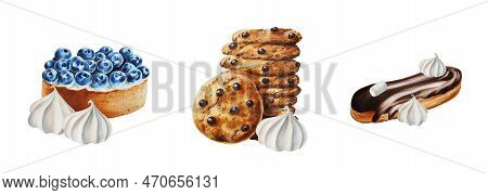 Watercolor Set Of Compositions With Biscuits, Marshmallows, Meringue, Blueberry Tartlet, Cholocate C