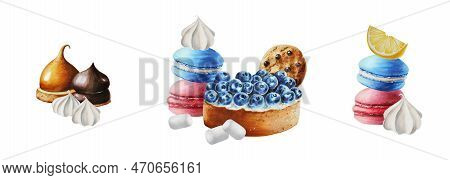 Watercolor Set Of Compositions With Lemon Tart, Biscuits, Marshmallows In Chocolate, Meringue, Blueb