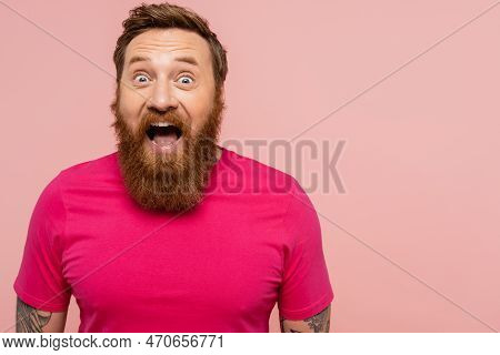 Impressed Bearded Man With Open Mouth Looking At Camera Isolated On Pink.