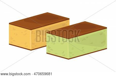 Vector Set Of Two Kasutera Or Castella. Illustration Of Japanese Dessert. Asian Food. Japanese Tradi
