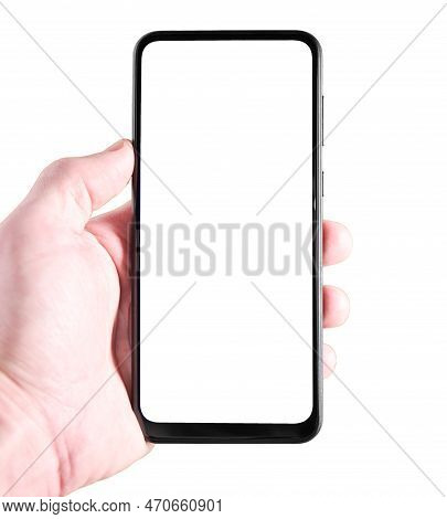 Close Up Of Male Hand Holding Cellphone Blank Screen, Template With Empty Display Isolated On White 
