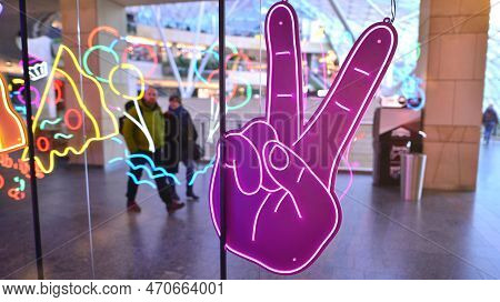 Warsaw, Poland. 10 February 2023. The Interior Of The Golden Terraces Shopping Center. Decorative Ne