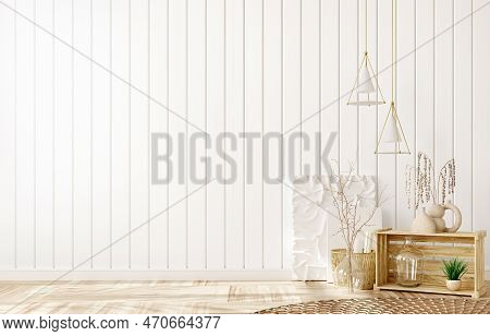 Empty Room Interior Background, Pendant Lights Over White Paneling Wall With Copy Space, Home Decor 