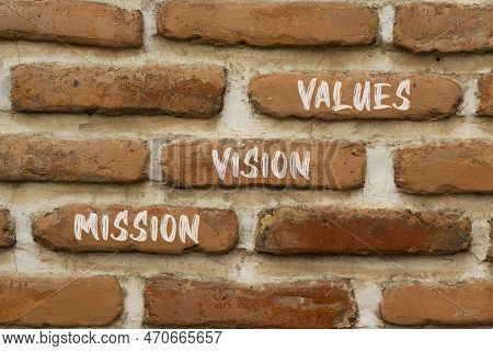 Mission Vision Values Symbol. Concept Words Mission Vision Values On Red Brown Brick Wall On A Beaut